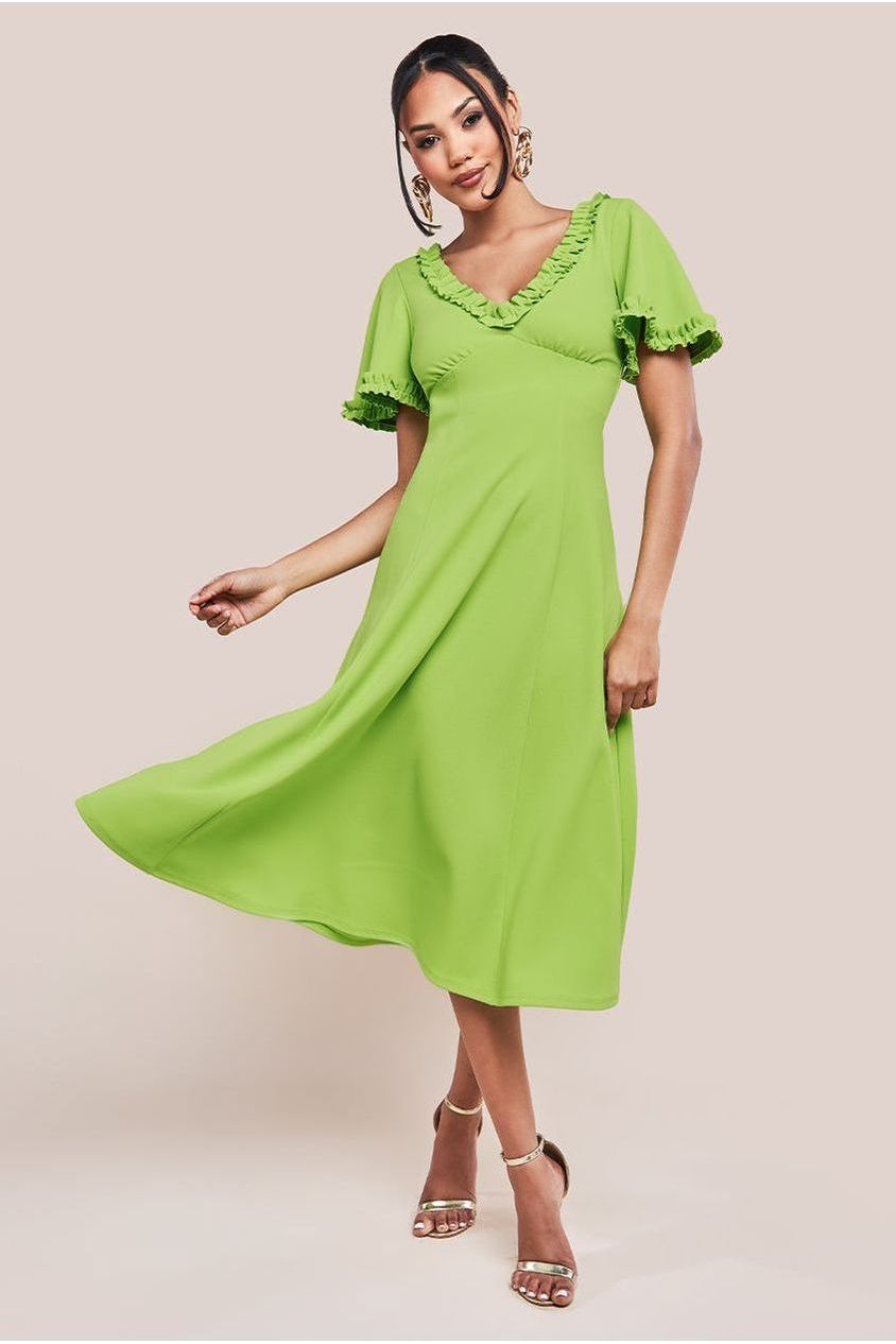 goddiva Flare Sleeve Frill Edge Midi Dress - Lime Green by Goddiva