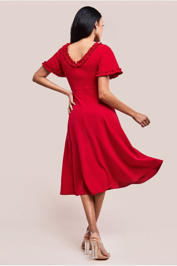 Goddiva Flare Sleeve Frill Edge Midi Dress - Red By Goddiva