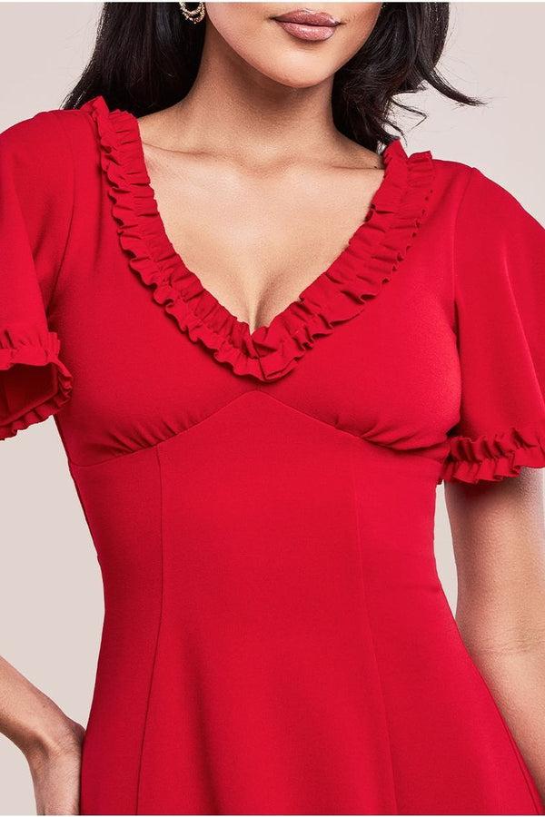 Goddiva Flare Sleeve Frill Edge Midi Dress - Red By Goddiva