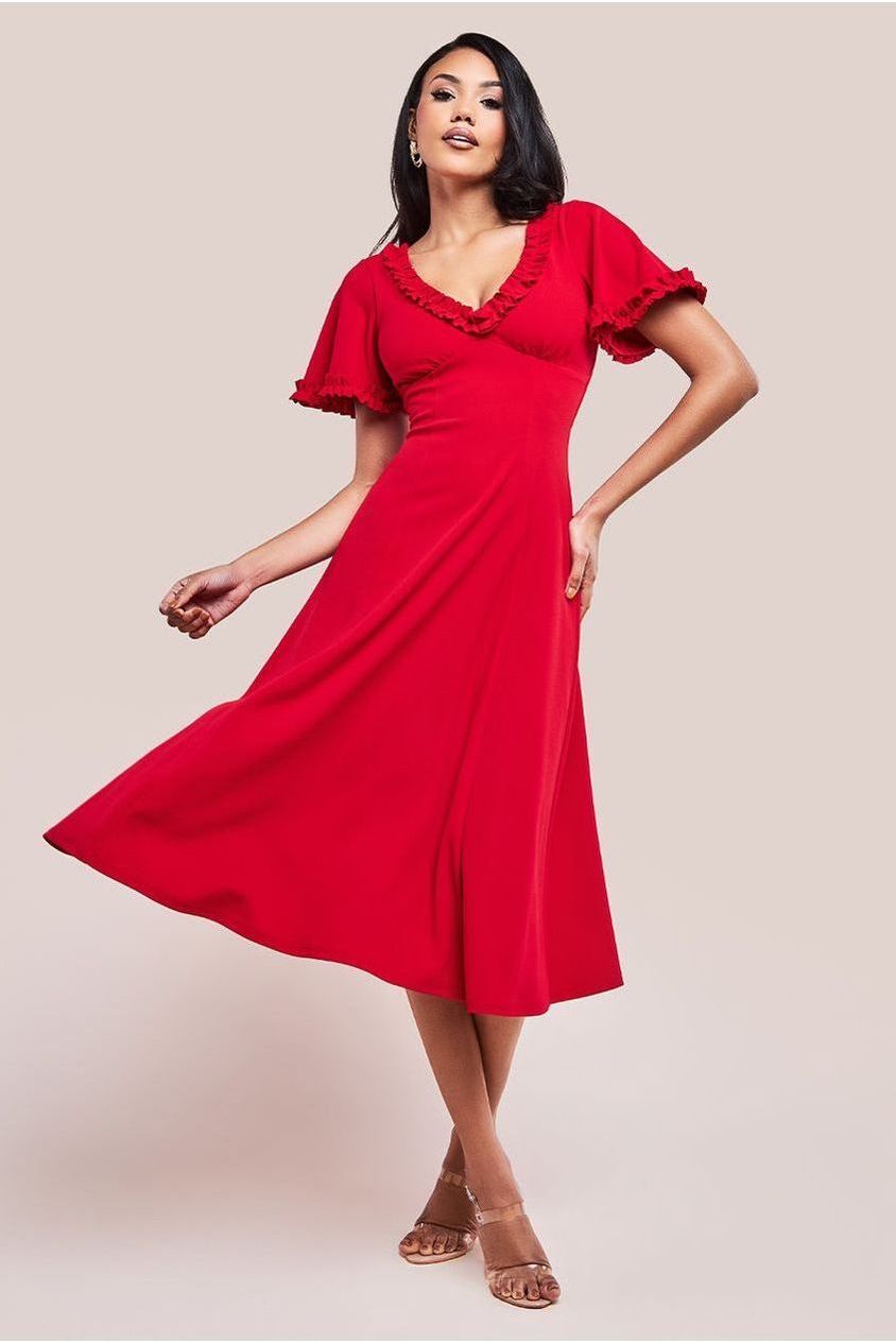 goddiva Flare Sleeve Frill Edge Midi Dress - Red by Goddiva