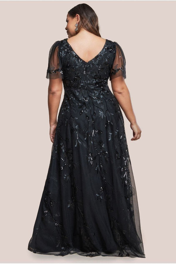 Goddiva Flared Sleeve Embroidered Maxi Dress - Black By Goddiva Plus