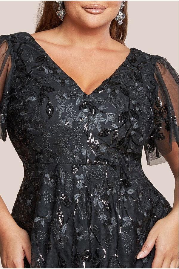 Goddiva Flared Sleeve Embroidered Maxi Dress - Black By Goddiva Plus