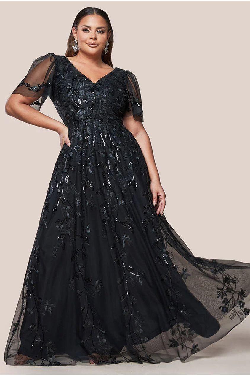 goddiva Flared Sleeve Embroidered Maxi Dress - Black by Goddiva Plus