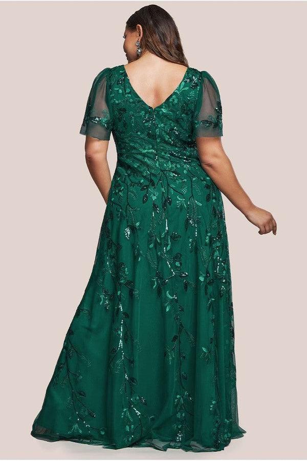 Goddiva Flared Sleeve Embroidered Maxi Dress - Emerald By Goddiva Plus