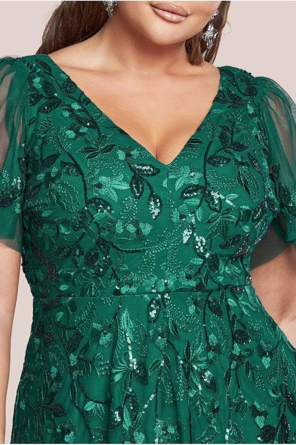 Goddiva Flared Sleeve Embroidered Maxi Dress - Emerald By Goddiva Plus