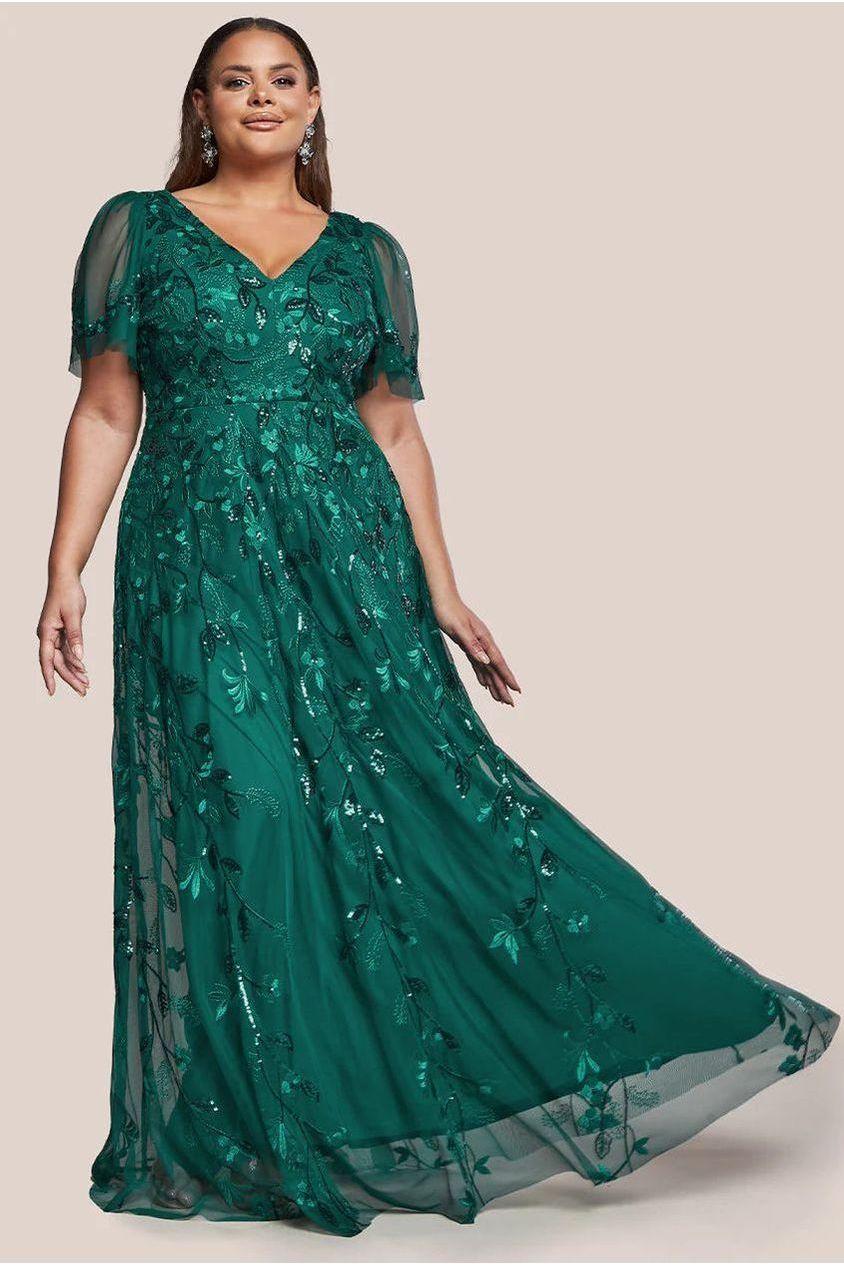 goddiva Flared Sleeve Embroidered Maxi Dress - Emerald by Goddiva Plus