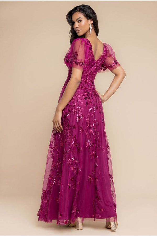 Goddiva Flared Sleeve Embroidered Maxi Dress - Magenta By Goddiva