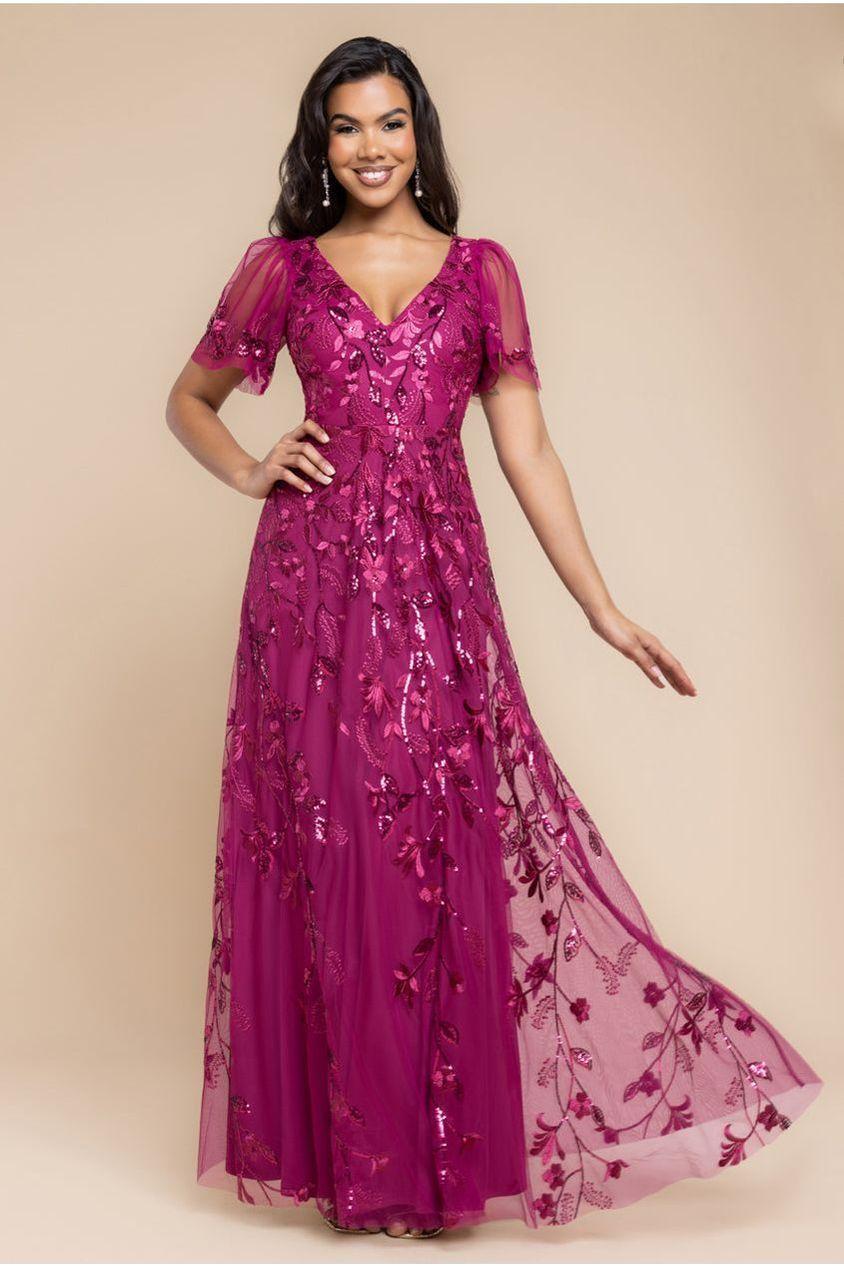 goddiva Flared Sleeve Embroidered Maxi Dress - Magenta by Goddiva