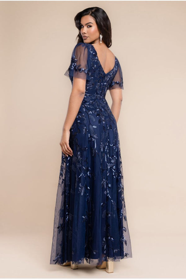 Goddiva Flared Sleeve Embroidered Maxi Dress - Navy Blue By Goddiva