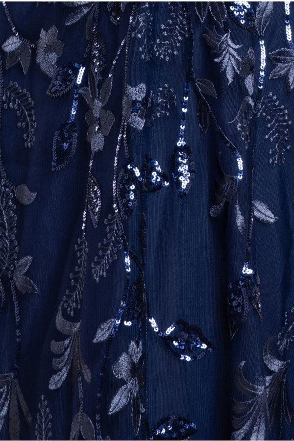 Goddiva Flared Sleeve Embroidered Maxi Dress - Navy Blue By Goddiva