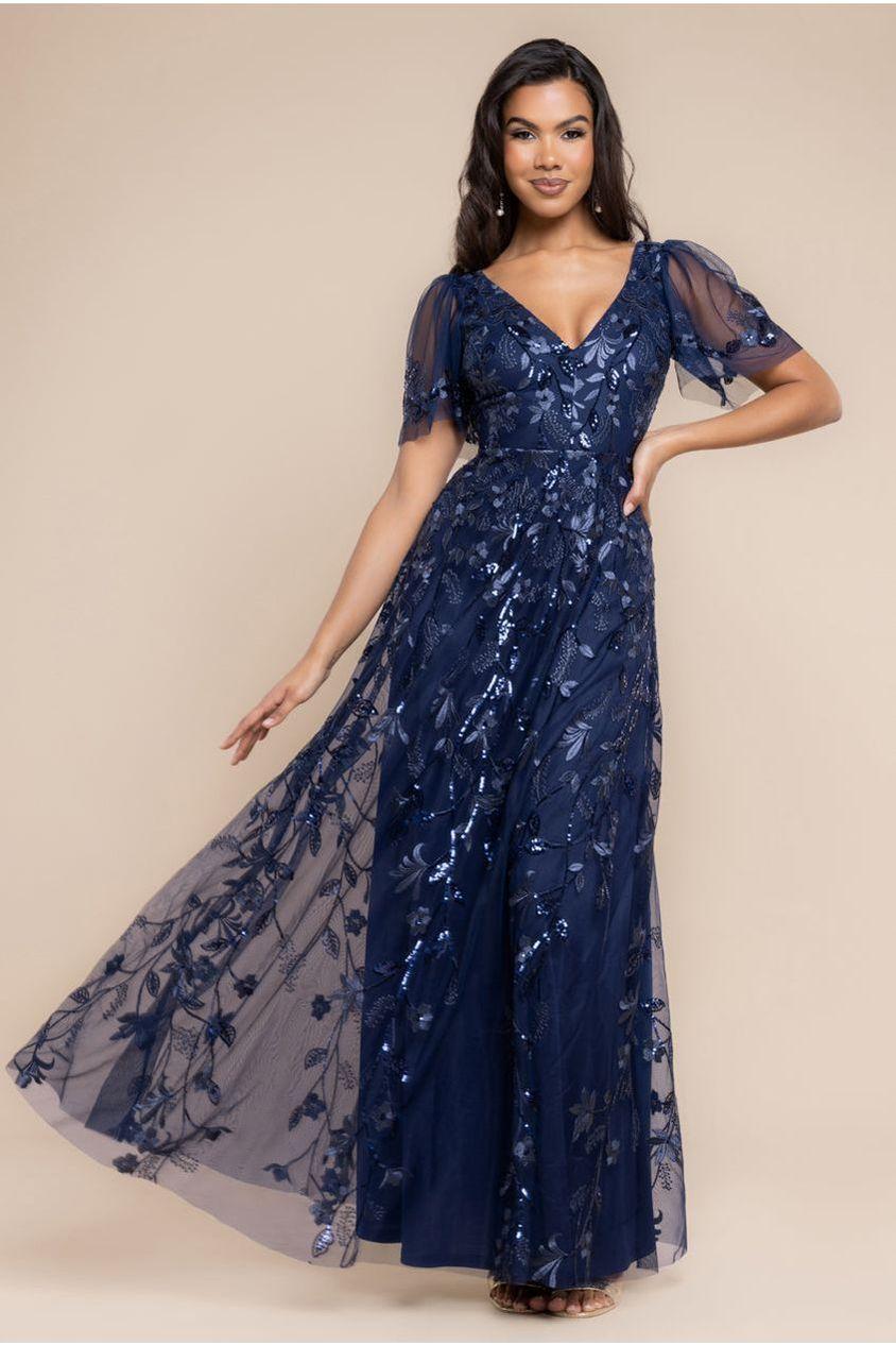 goddiva Flared Sleeve Embroidered Maxi Dress - Navy Blue by Goddiva