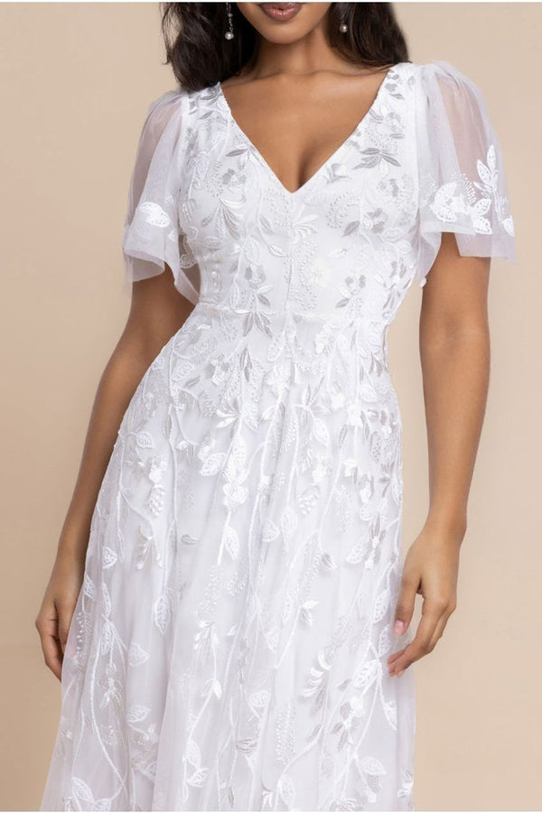 Goddiva Flared Sleeve Embroidered Maxi Dress - White By Goddiva