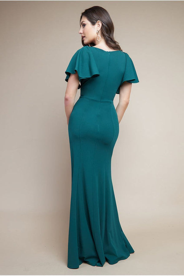 Goddiva Flared Sleeve Front Wrap Maxi Dress - Emerald Green By Goddiva