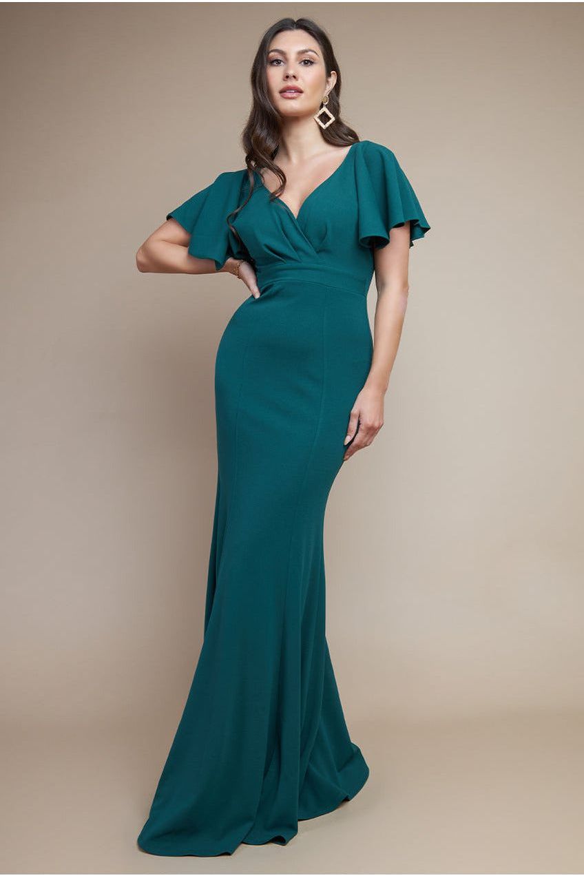 goddiva Flared Sleeve Front Wrap Maxi Dress - Emerald Green by Goddiva