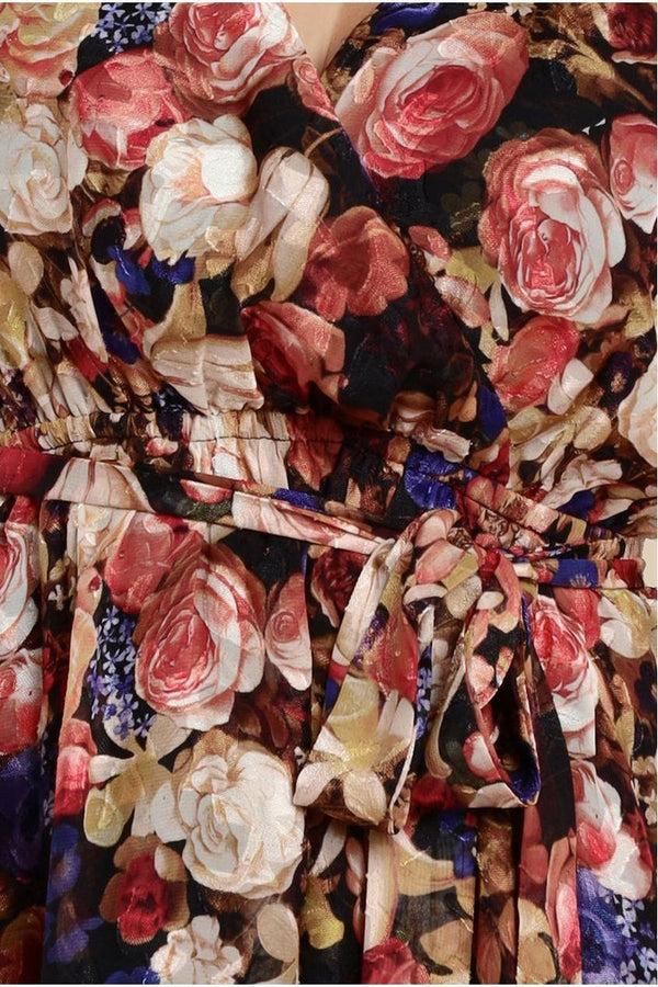 Goddiva Floral Flutter Sleeve Wrap Midi Dress - Black By Goddiva