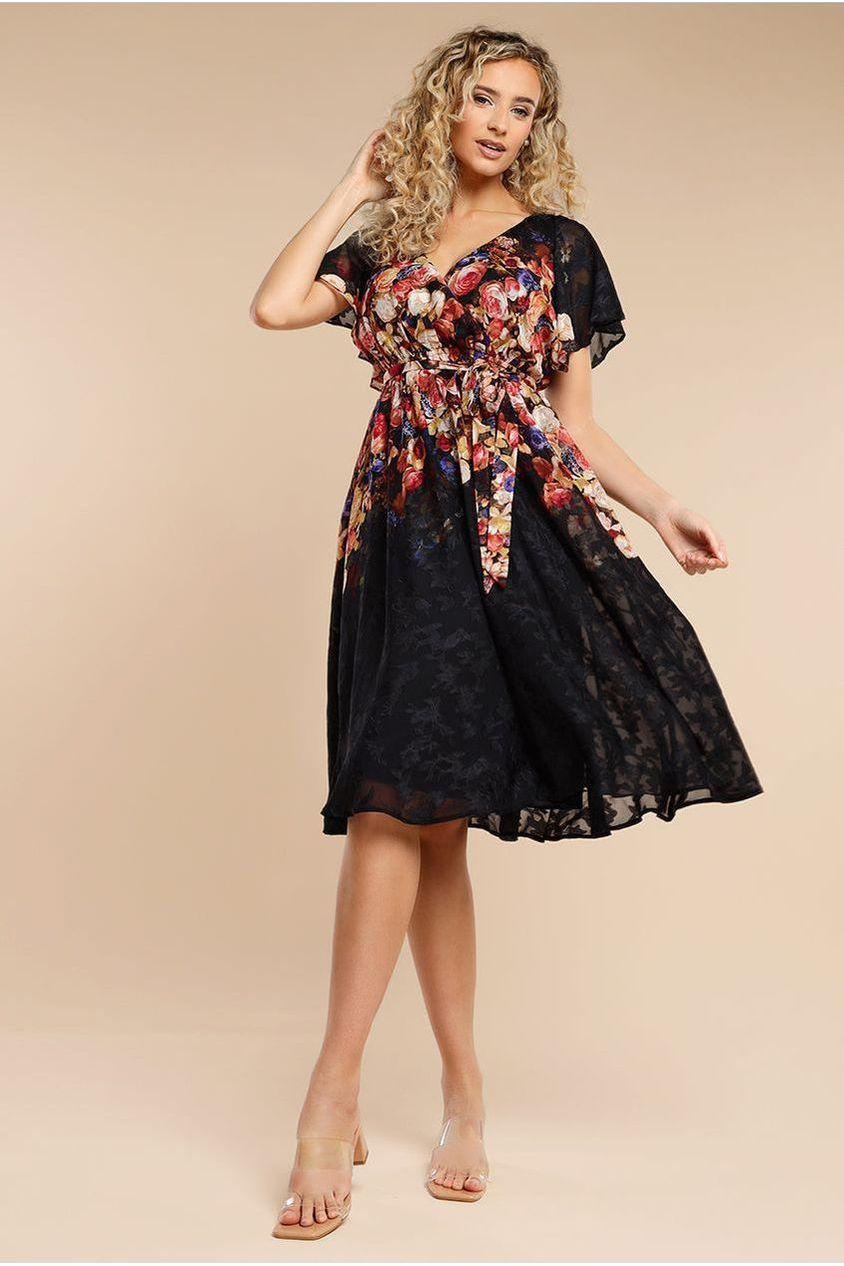 goddiva Floral Flutter Sleeve Wrap Midi Dress - Black by Goddiva