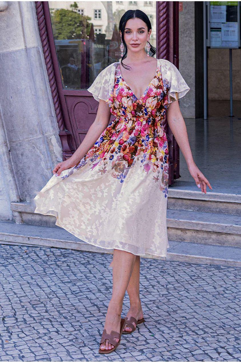 goddiva Floral Flutter Sleeve Wrap Midi Dress - Ivory by Goddiva