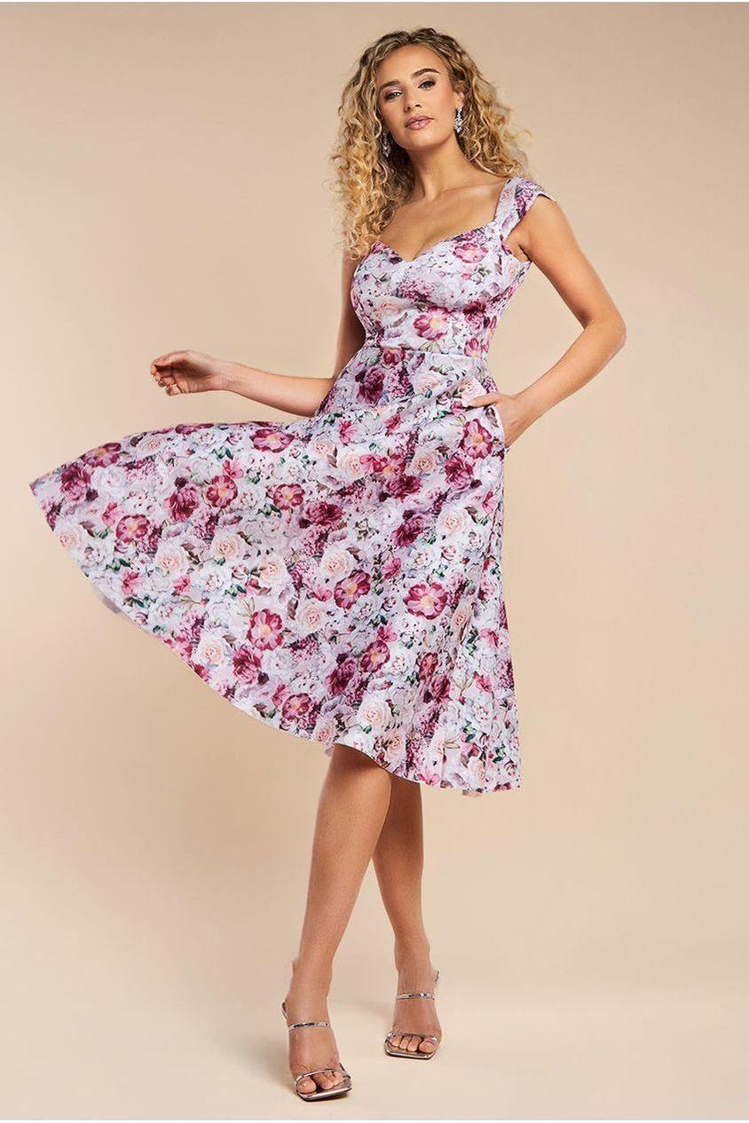 goddiva Floral Print A-Line Sweetheart Midi Dress - Blush Pink by Goddiva