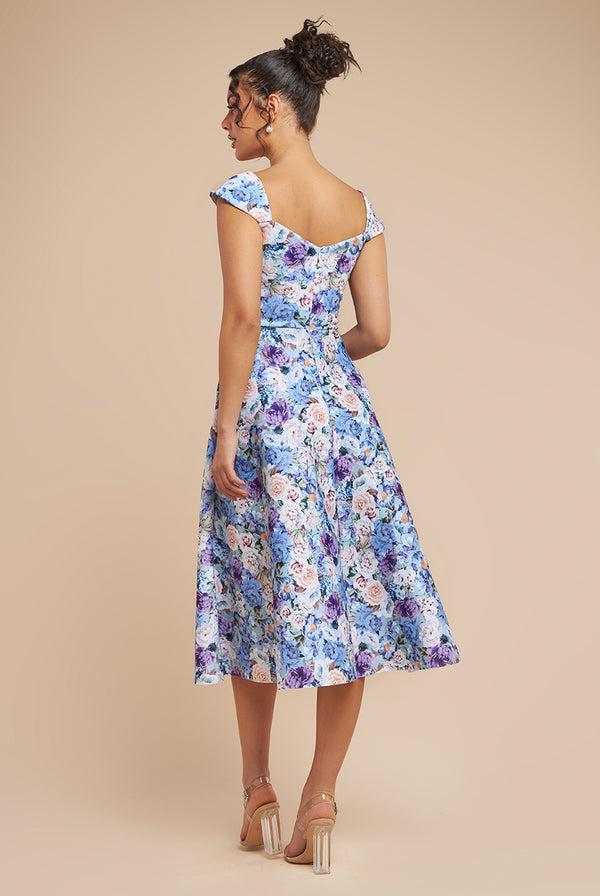 Goddiva Floral Print A-Line Sweetheart Midi Dress - Powder Blue By Goddiva