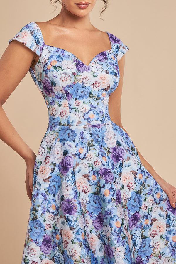 Goddiva Floral Print A-Line Sweetheart Midi Dress - Powder Blue By Goddiva