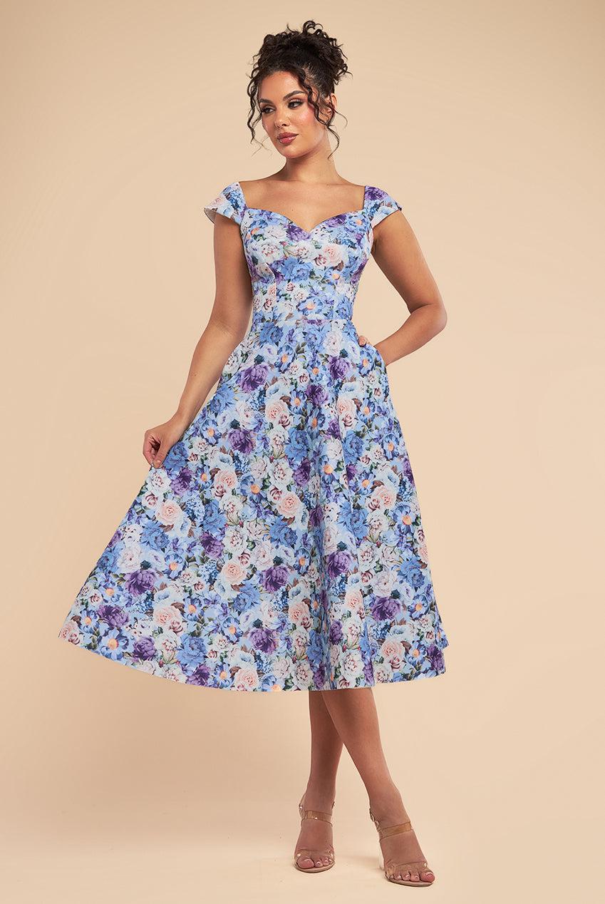 goddiva Floral Print A-Line Sweetheart Midi Dress - Powder Blue by Goddiva
