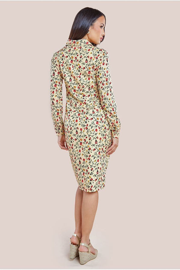 Goddiva Floral Print Shirt Dress - Beige By City Goddess