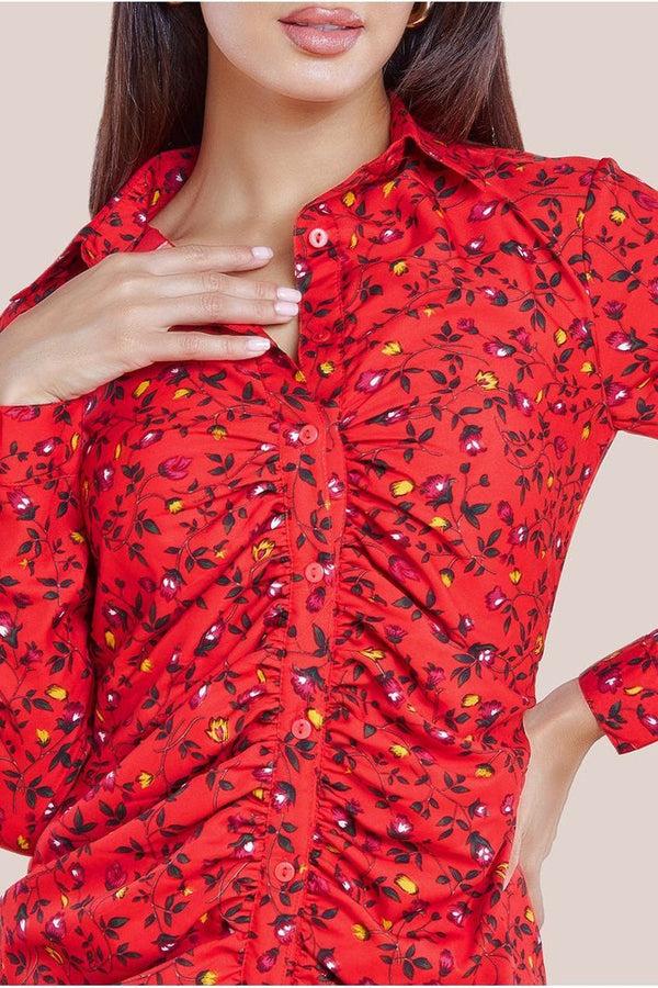 Goddiva Floral Print Shirt Dress - Red By City Goddess
