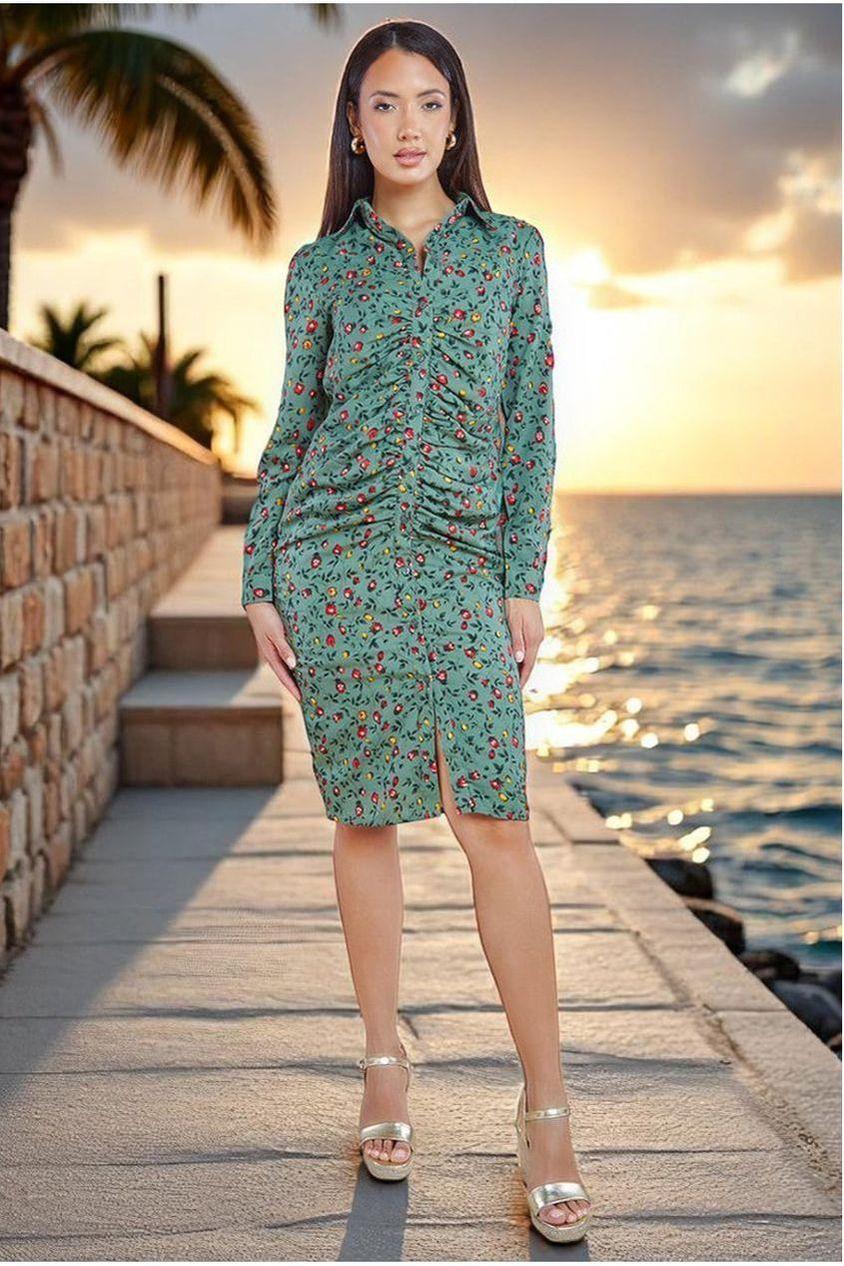 goddiva Floral Print Shirt Dress - Sage Green by City Goddess