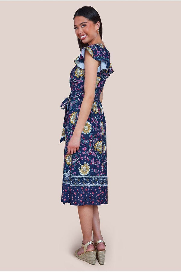 Goddiva Floral Print Wrap Midi With Flutter Sleeves - Navy Print By Goddiva