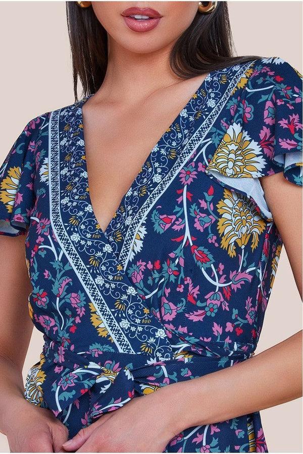 Goddiva Floral Print Wrap Midi With Flutter Sleeves - Navy Print By Goddiva