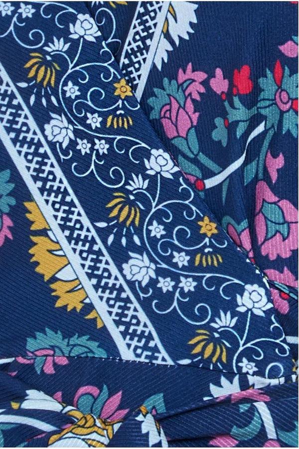 Goddiva Floral Print Wrap Midi With Flutter Sleeves - Navy Print By Goddiva