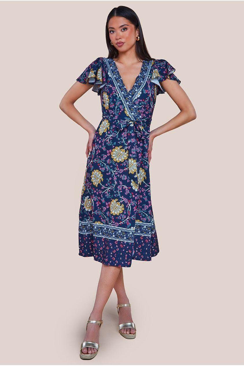goddiva Floral Print Wrap Midi With Flutter Sleeves - Navy Print by Goddiva