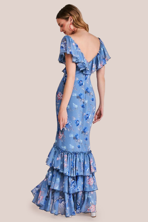 Goddiva Floral Printed Chiffon Ruffle Maxi - Blue By Goddiva