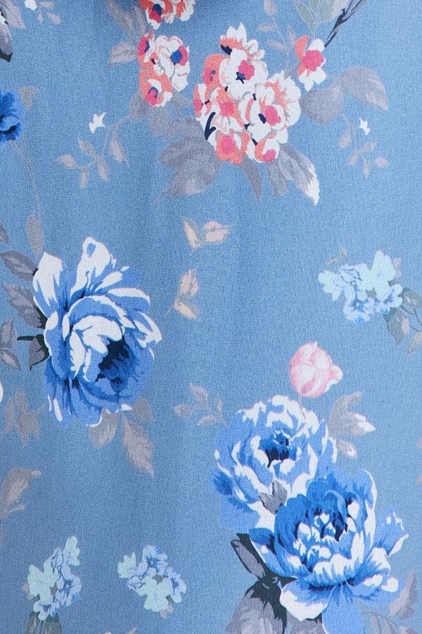 Goddiva Floral Printed Chiffon Ruffle Maxi - Blue By Goddiva