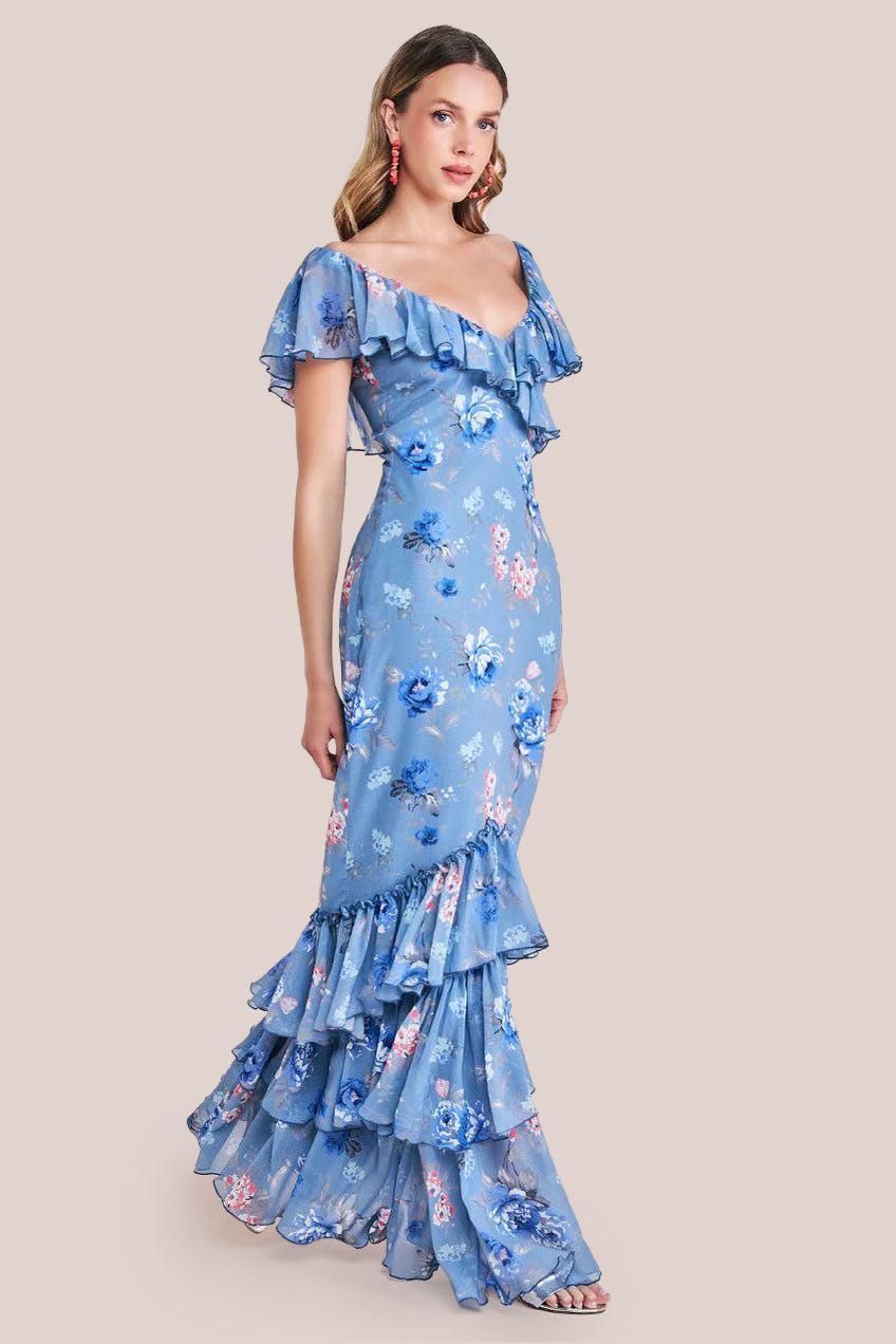 goddiva Floral Printed Chiffon Ruffle Maxi - Blue by Goddiva