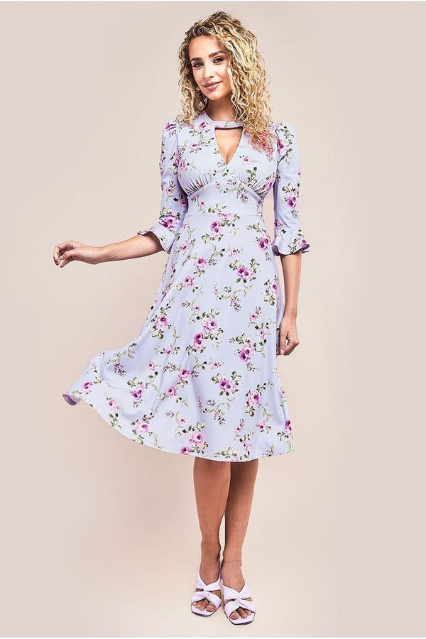 Goddiva Floral Printed Flared Sleeve Midi - Lilac By Goddiva