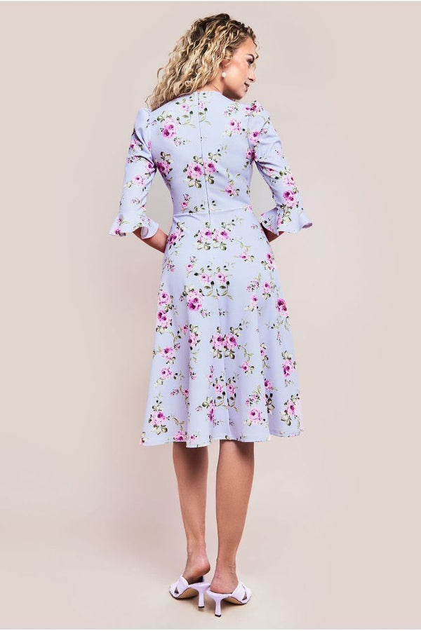 Goddiva Floral Printed Flared Sleeve Midi - Lilac By Goddiva