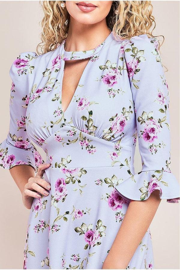 Goddiva Floral Printed Flared Sleeve Midi - Lilac By Goddiva