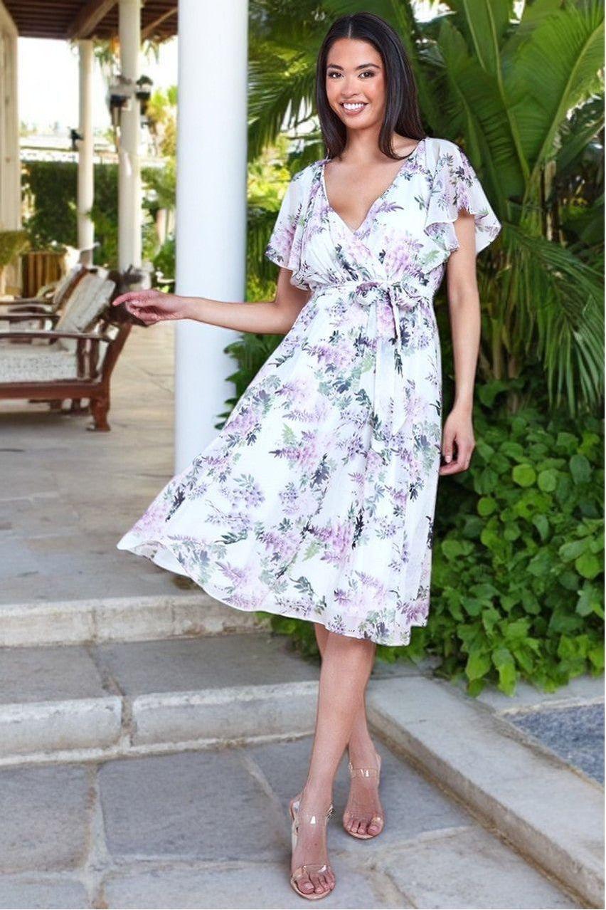 goddiva Floral Printed Flutter Sleeve Chiffon Midi Dress - Cream by Goddiva