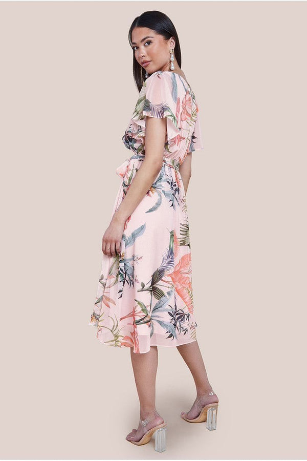 Goddiva Floral Printed Flutter Sleeve Chiffon Midi Dress - Off White By Goddiva