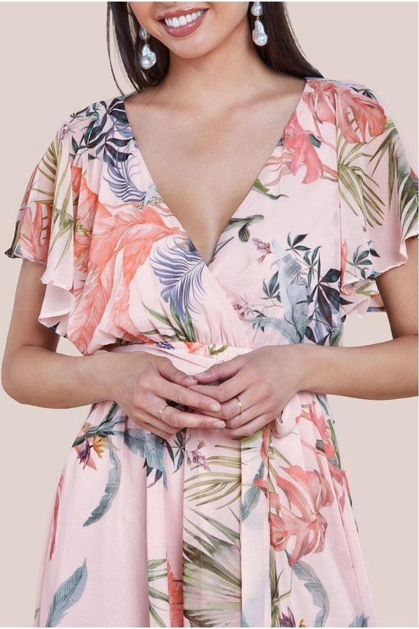 Goddiva Floral Printed Flutter Sleeve Chiffon Midi Dress - Off White By Goddiva