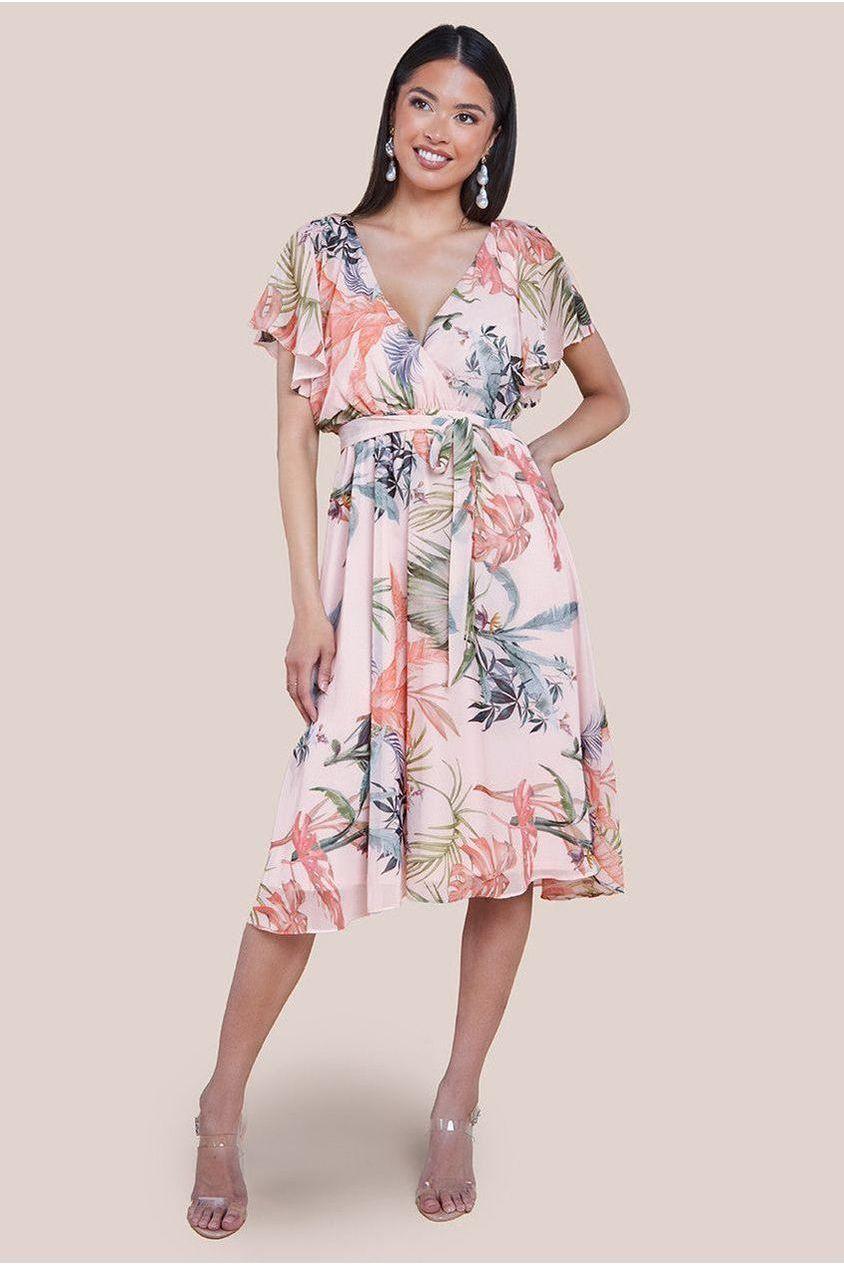 goddiva Floral Printed Flutter Sleeve Chiffon Midi Dress - Off White by Goddiva
