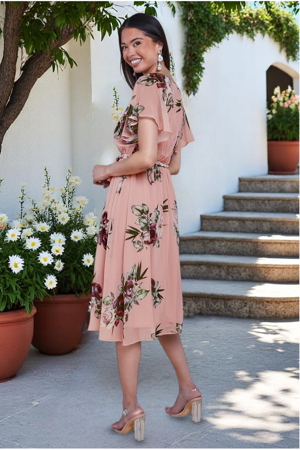 Goddiva Floral Printed Flutter Sleeve Chiffon Midi Dress - Peach By Goddiva