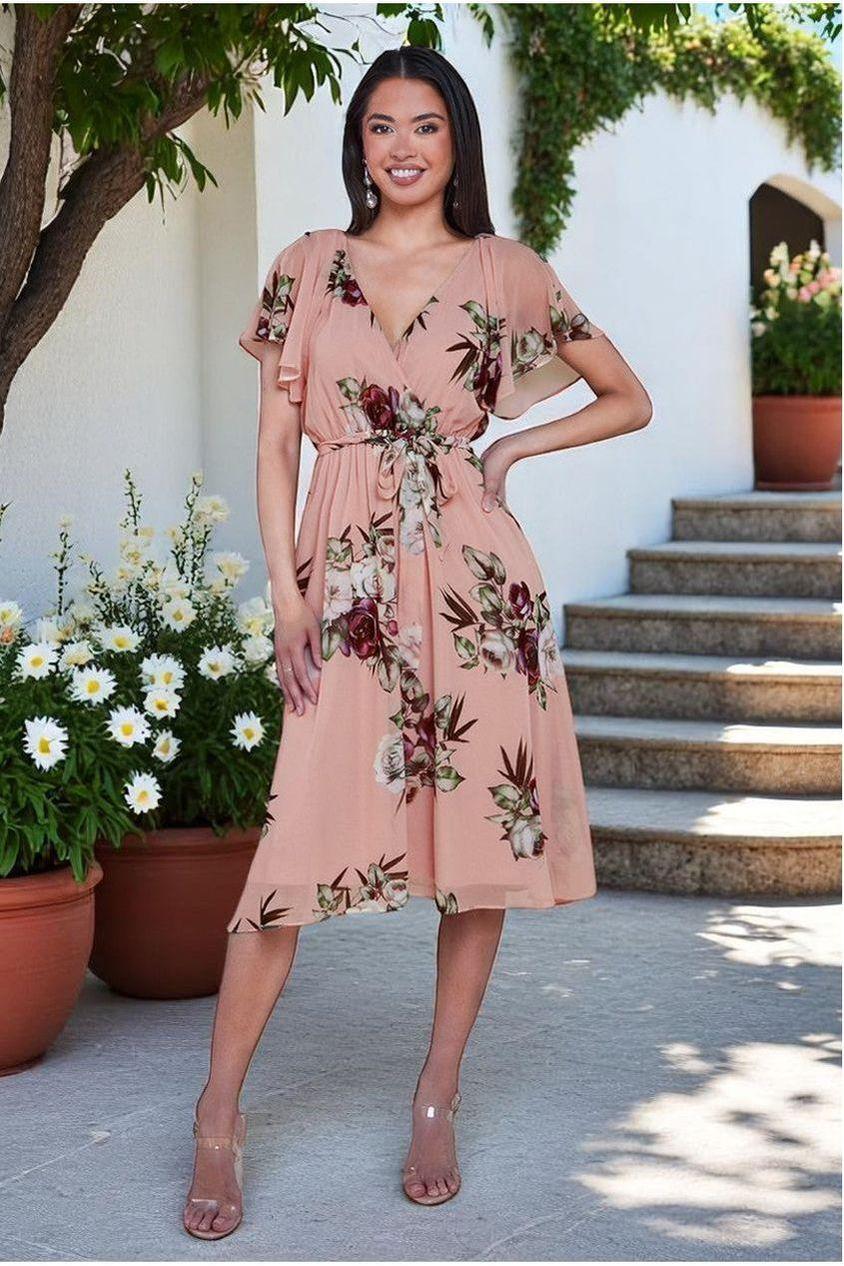 goddiva Floral Printed Flutter Sleeve Chiffon Midi Dress - Peach by Goddiva