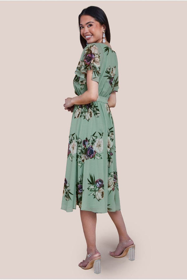 Goddiva Floral Printed Flutter Sleeve Chiffon Midi Dress - Sage Green By Goddiva