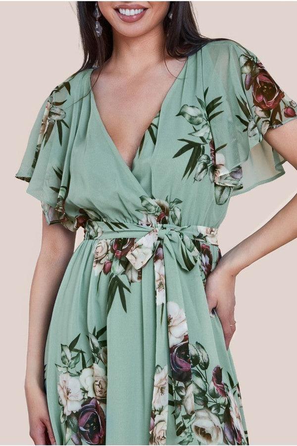 Goddiva Floral Printed Flutter Sleeve Chiffon Midi Dress - Sage Green By Goddiva