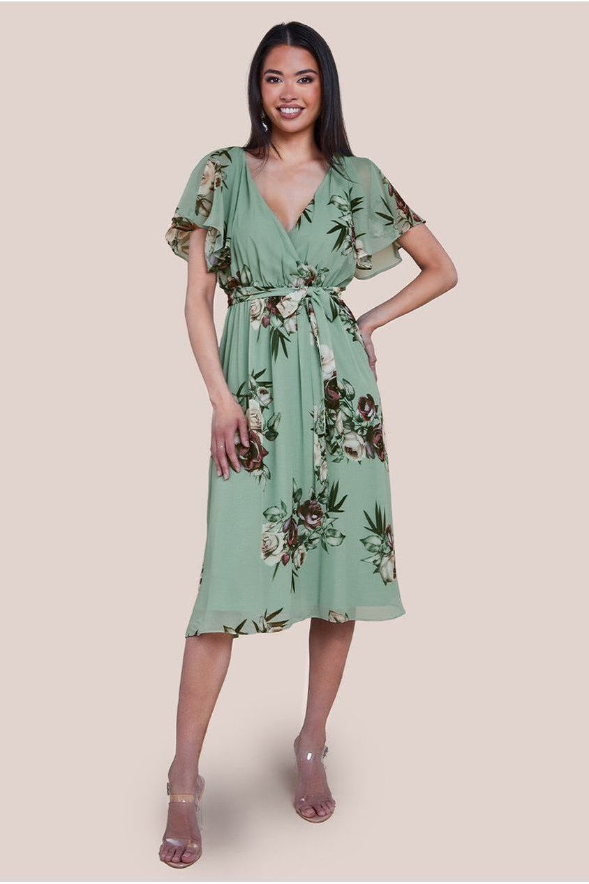 goddiva Floral Printed Flutter Sleeve Chiffon Midi Dress - Sage Green by Goddiva