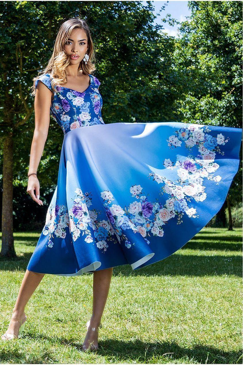 goddiva Floral Printed Scuba Foam Skater Dress - Blue by Goddiva