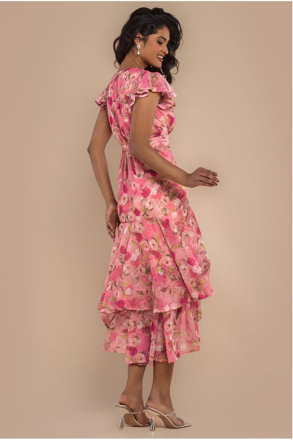 Goddiva Floral Wrap High And Low Midaxi Dress - Pink By Goddiva