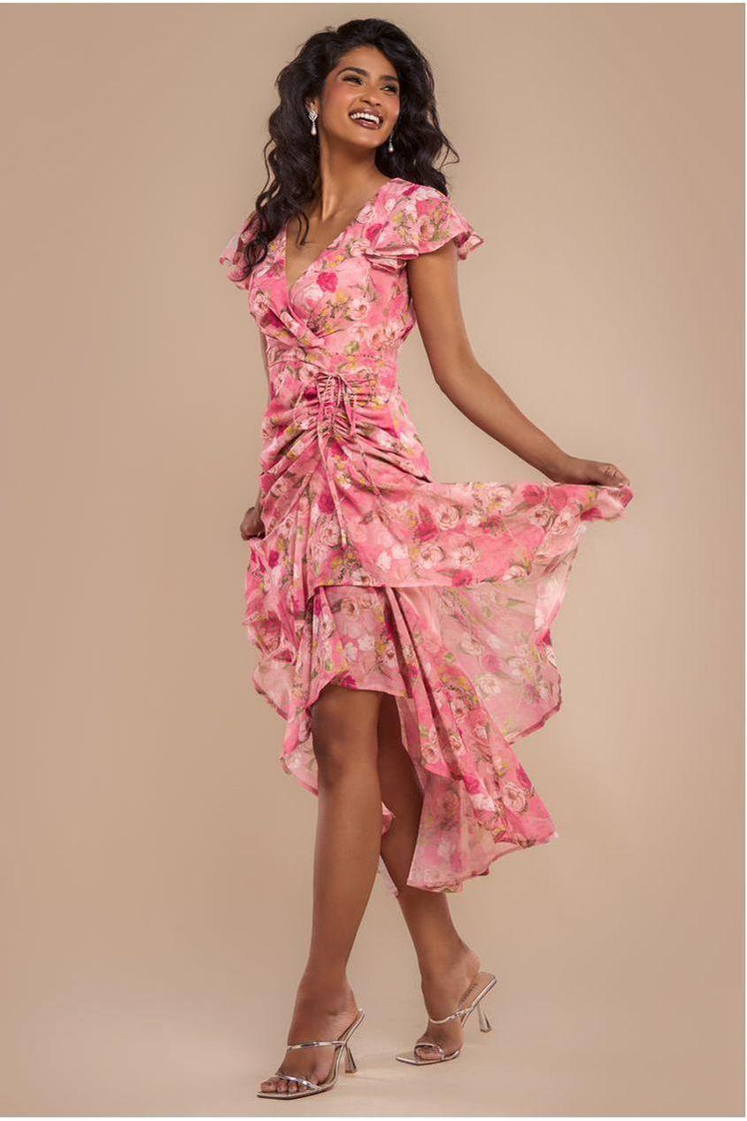 goddiva Floral Wrap High And Low Midaxi Dress - Pink by Goddiva